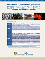Resumen metodológico del estudio 'Seguimiento a los costos de producción para el fruto de palma de aceite y el aceite de palma 2017' para empresas grandes, con cuatro miniaturas de imágenes relacionadas.