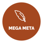 Icono de una pluma blanca sobre el texto "MEGA META"