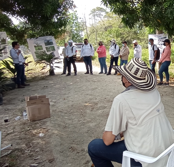 Sesión de capacitación de la agroindustria de la palma. Técnicos y agricultores reciben formación sobre el manejo de cultivos utilizando material visual y demostraciones.