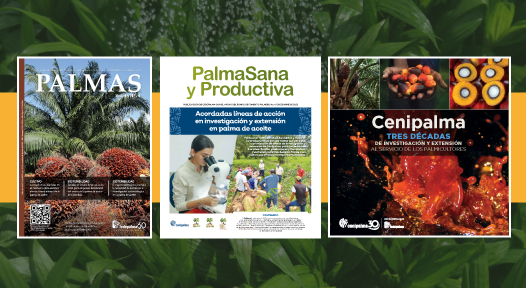 Montaje de tres portadas de publicaciones (PALMAS, PalmaSana y Productiva, y Cenipalma) que cubren temas de cultivo, investigación y extensión de la agroindustria de la palma de aceite.