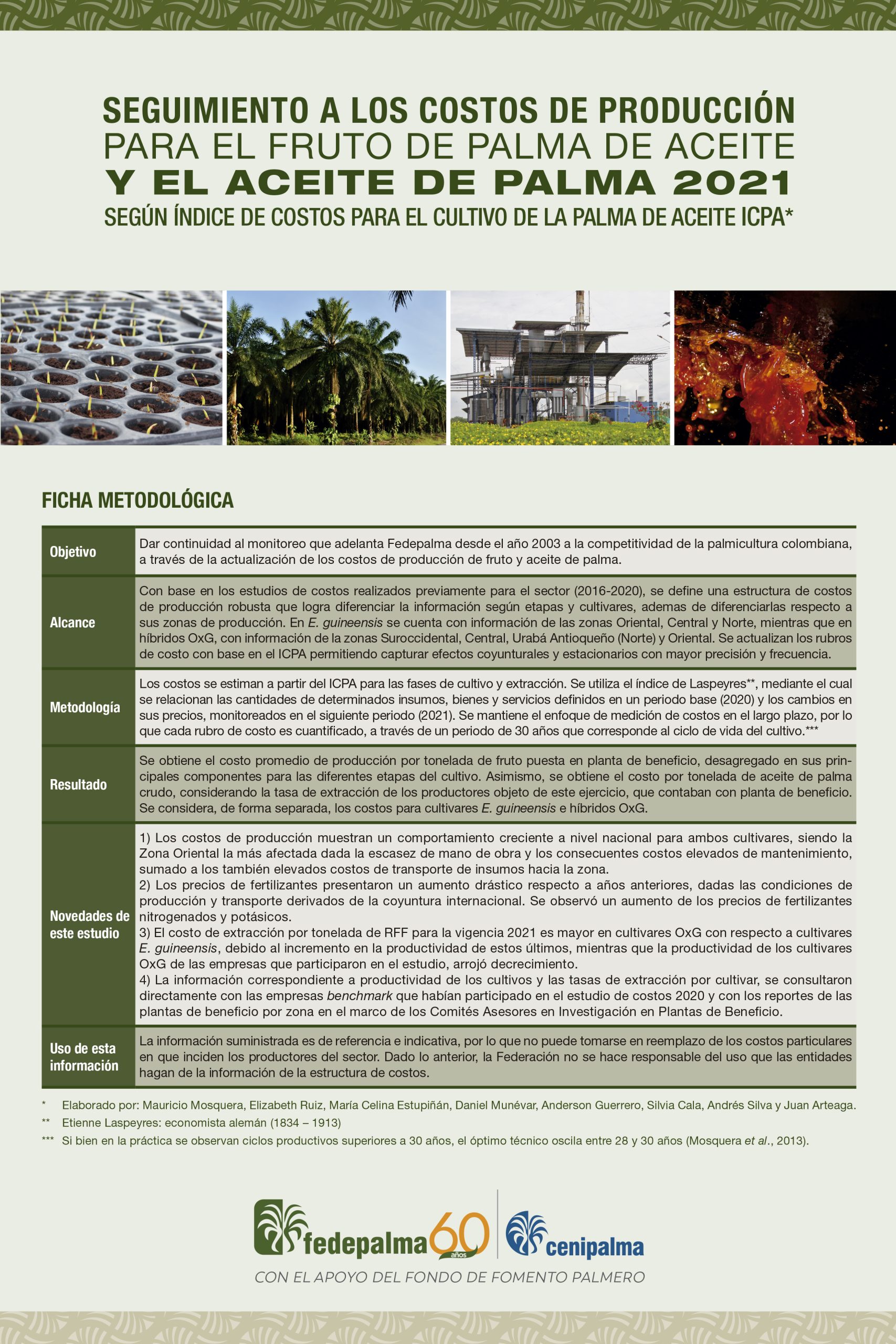 Ficha metodológica del informe 'Seguimiento a los costos de producción para el fruto de palma de aceite y el aceite de palma 2021' de Fedepalma/Cenipalma.