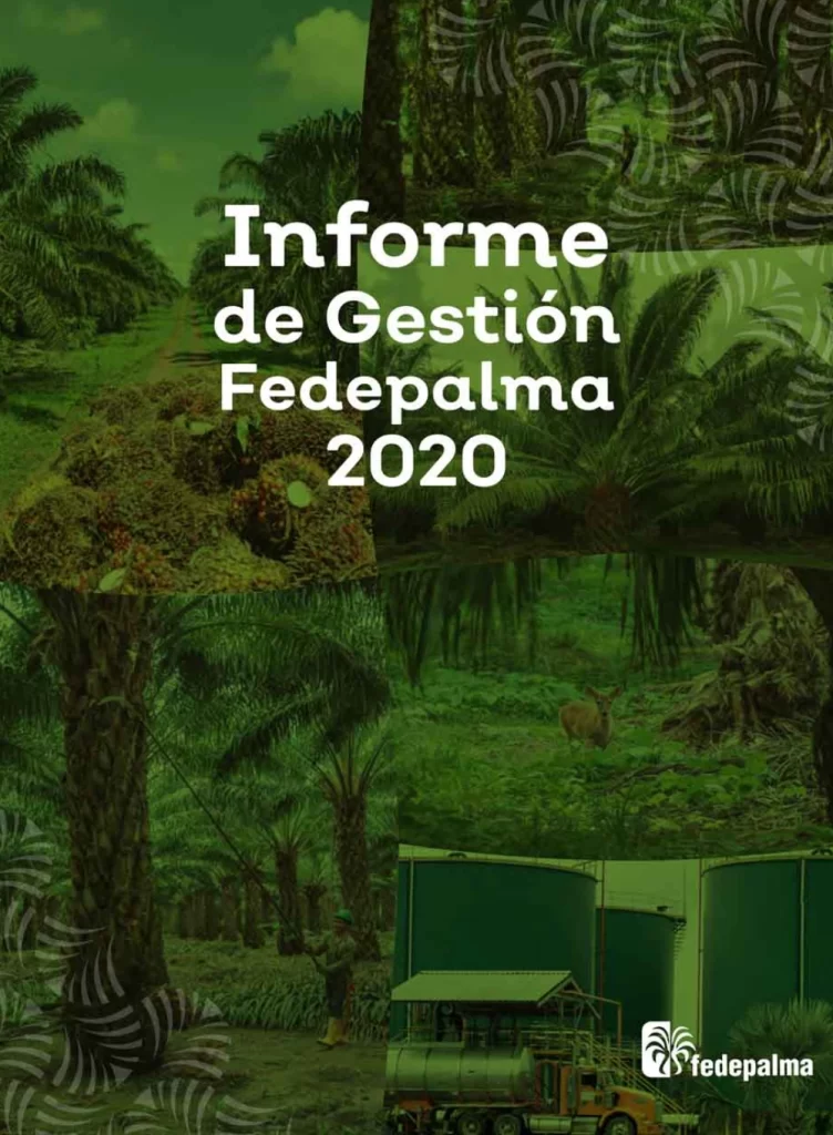 Portada del Informe de Gestión de Fedepalma correspondiente al año 2020, con un collage fotográfico de la agroindustria de la palma.