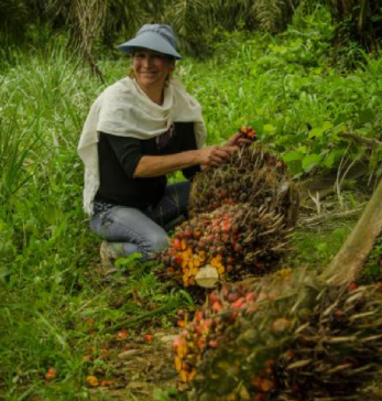 Mujer con sombrero y chalina blanca arrodillada junto a racimos cosechados de frutos de palma.