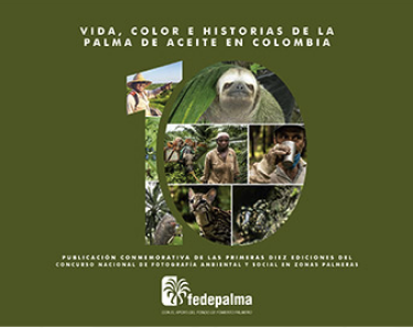 Portada de la publicación "Vida, color e historias de la palma de aceite en Colombia" de Fedepalma, que conmemora 10 ediciones de su concurso de fotografía