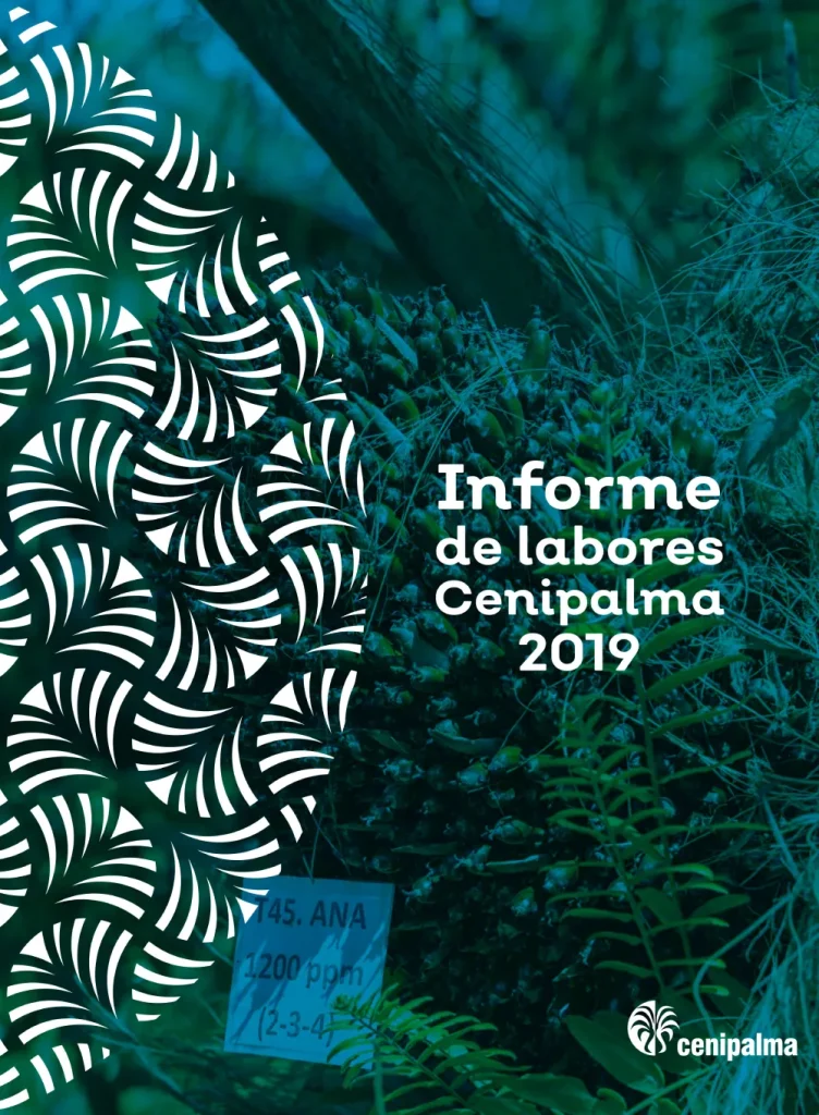 Informe de Labores Cenipalma 2019, con un racimo de palma en color verde y diseño de hojas.