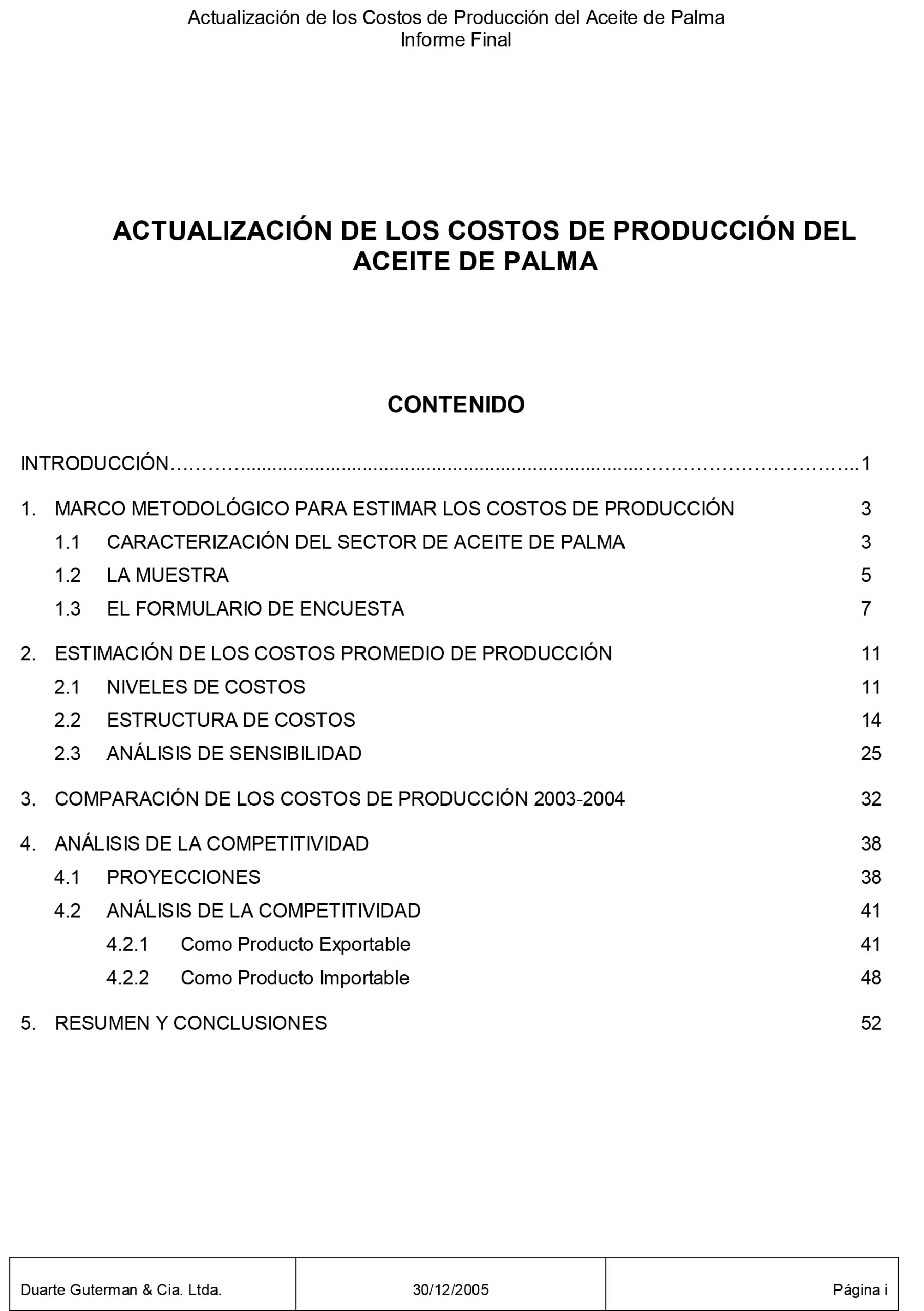 Tabla de Contenido del Informe Final 'Actualización de los Costos de Producción del Aceite de Palma'.