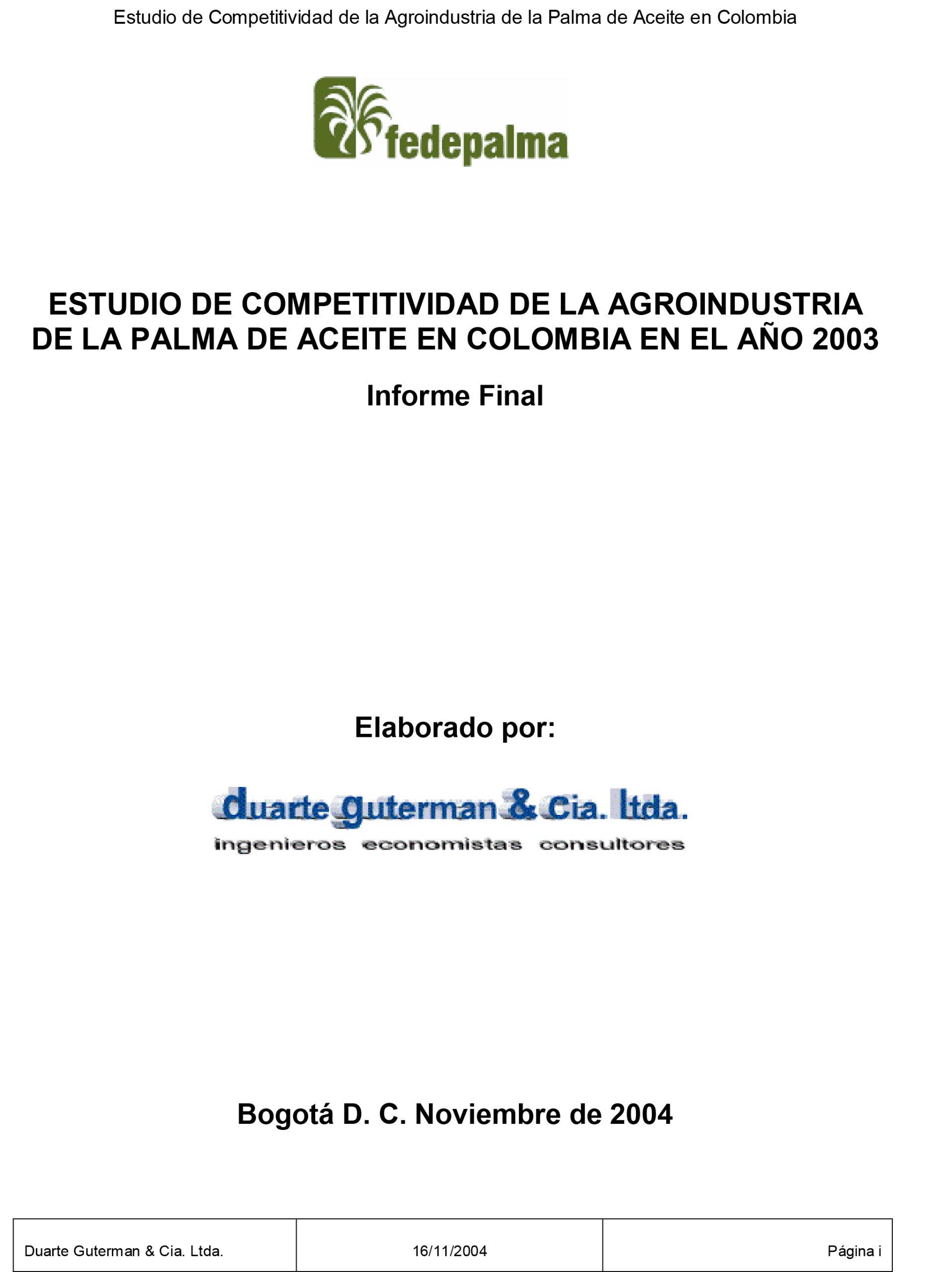 Portada del 'Informe Final del Estudio de Competitividad de la Agroindustria de la Palma de Aceite en Colombia en el año 2003'