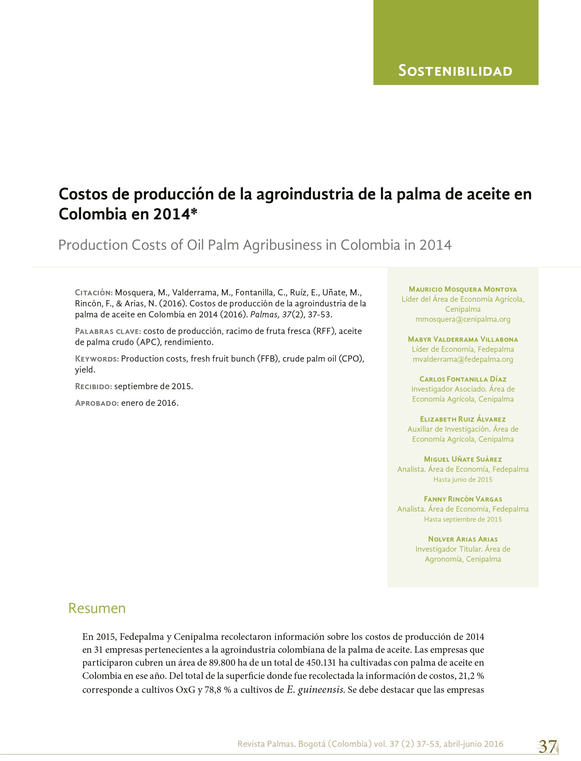 Portada del artículo 'Costos de producción de la agroindustria de la palma de aceite en Colombia en 2014',