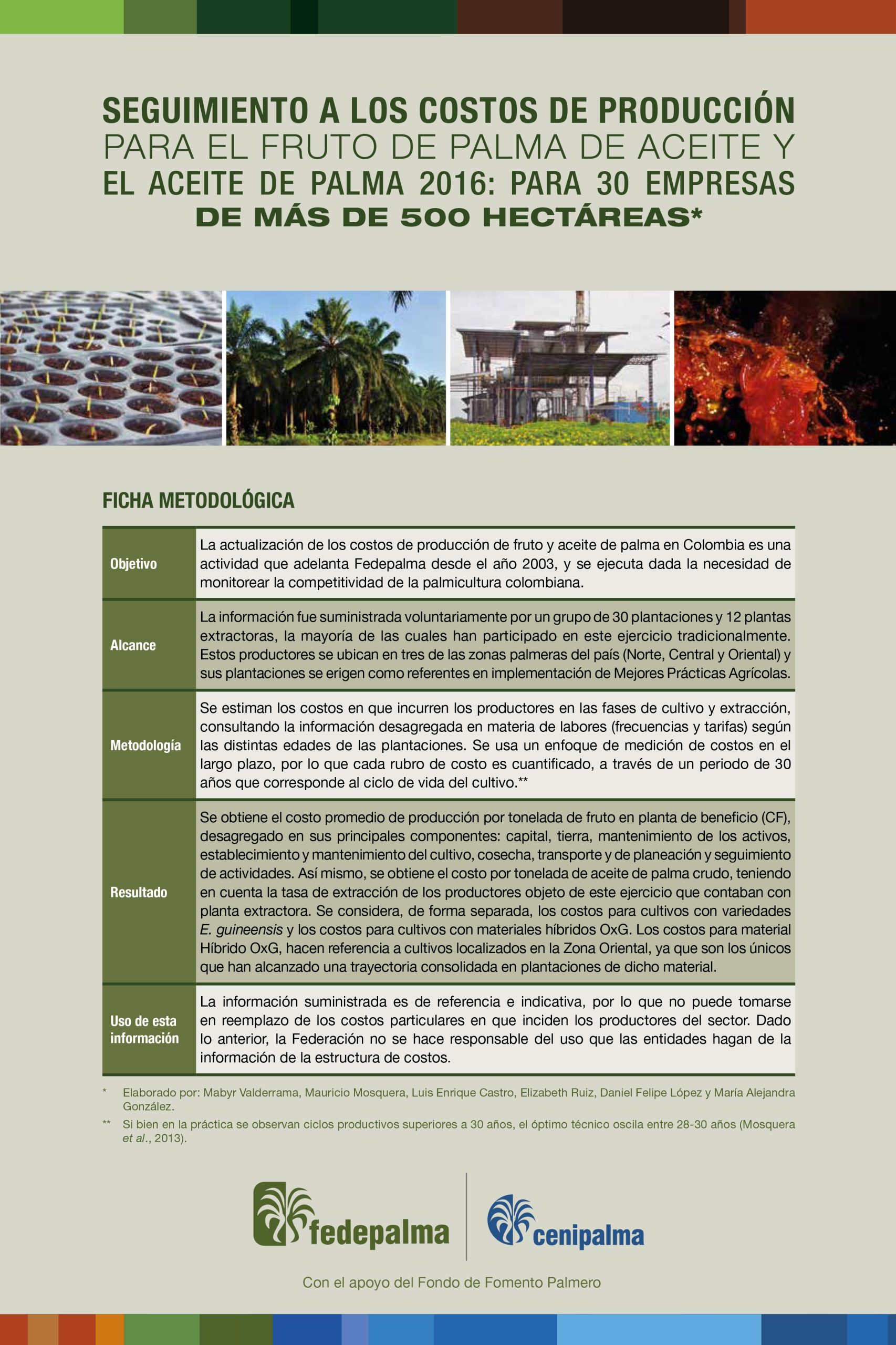 "Ficha Metodológica del estudio 'Seguimiento a los costos de producción para el fruto de palma de aceite y el aceite de palma 2016', con cuatro miniaturas de imágenes relacionadas y los logos de Fedepalma y Cenipalma.