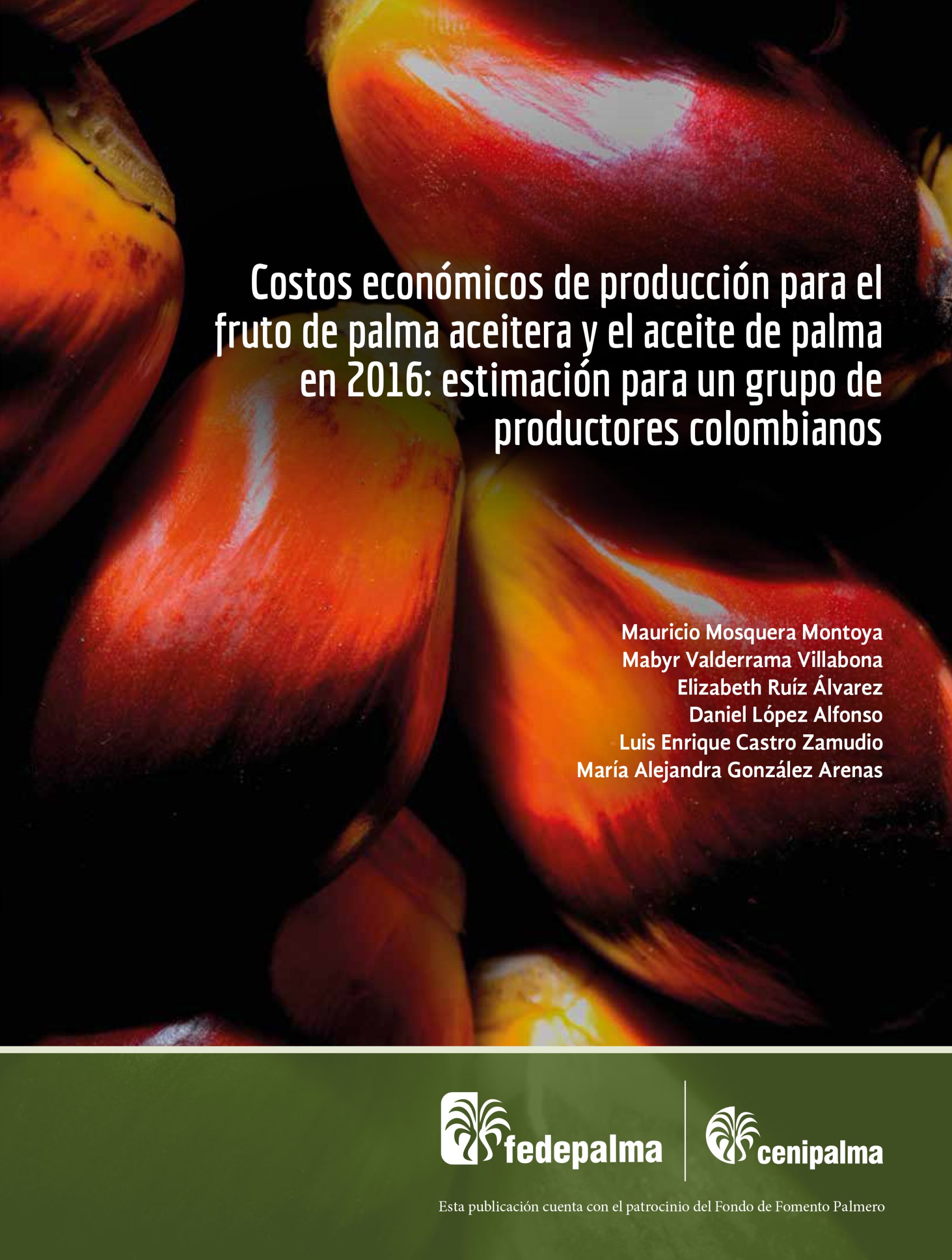 Portada del informe 'Costos económicos de producción para el fruto de palma aceitera y el aceite de palma en 2016: estimación para un grupo de productores colombianos', de Fedepalma/Cenipalma.