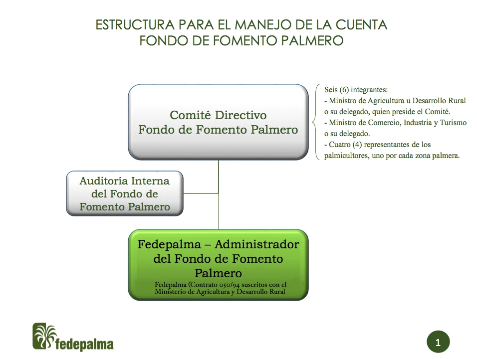 Diagrama de la estructura de gestión del Fondo de Fomento Palmero. El órgano principal es el Comité Directivo, que supervisa la Auditoría Interna del Fondo. La administración del fondo está a cargo de Fedepalma. El texto lateral especifica que el Comité Directivo tiene seis integrantes: dos delegados ministeriales (Agricultura, Comercio) y cuatro representantes de los palmicultores.