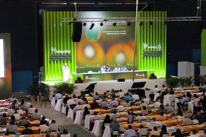 Auditorio lleno durante un Congreso Nacional o Asamblea General de Fedepalma. El escenario de gran formato incluye el logo y el nombre de la federación, indicando un evento importante para la agroindustria de la palma en Colombia