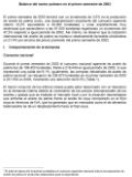Página con el balance del sector palmero del primer semestre de 2003, detallando las estadísticas de producción, exportaciones y comportamiento del consumo nacional.