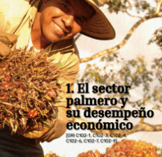 Palmero sonriente sosteniendo un racimo de frutos de palma de aceite. Título: '1. El sector palmero y su desempeño económico'