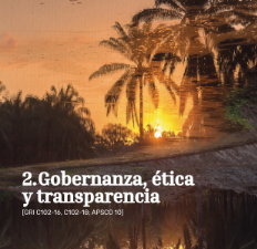 Palmeras reflejadas en agua al atardecer o amanecer. Título: '2. Gobernanza, ética y transparencia'