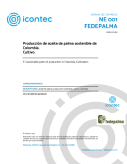 Portada de la Norma de Empresa NE 001 de Fedepalma e ICONTEC: Producción de aceite de palma sostenible de Colombia. Cultivo