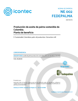 Portada de la Norma de Empresa NE 002 de Fedepalma e ICONTEC: Producción de aceite de palma sostenible de Colombia. Planta de beneficio.