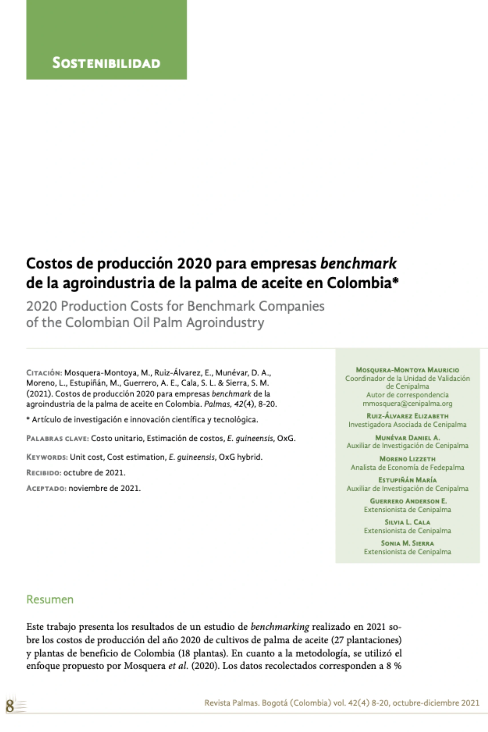 Portada del artículo 'Costos de producción 2020 para empresas benchmark de la agroindustria de la palma de aceite en Colombia'