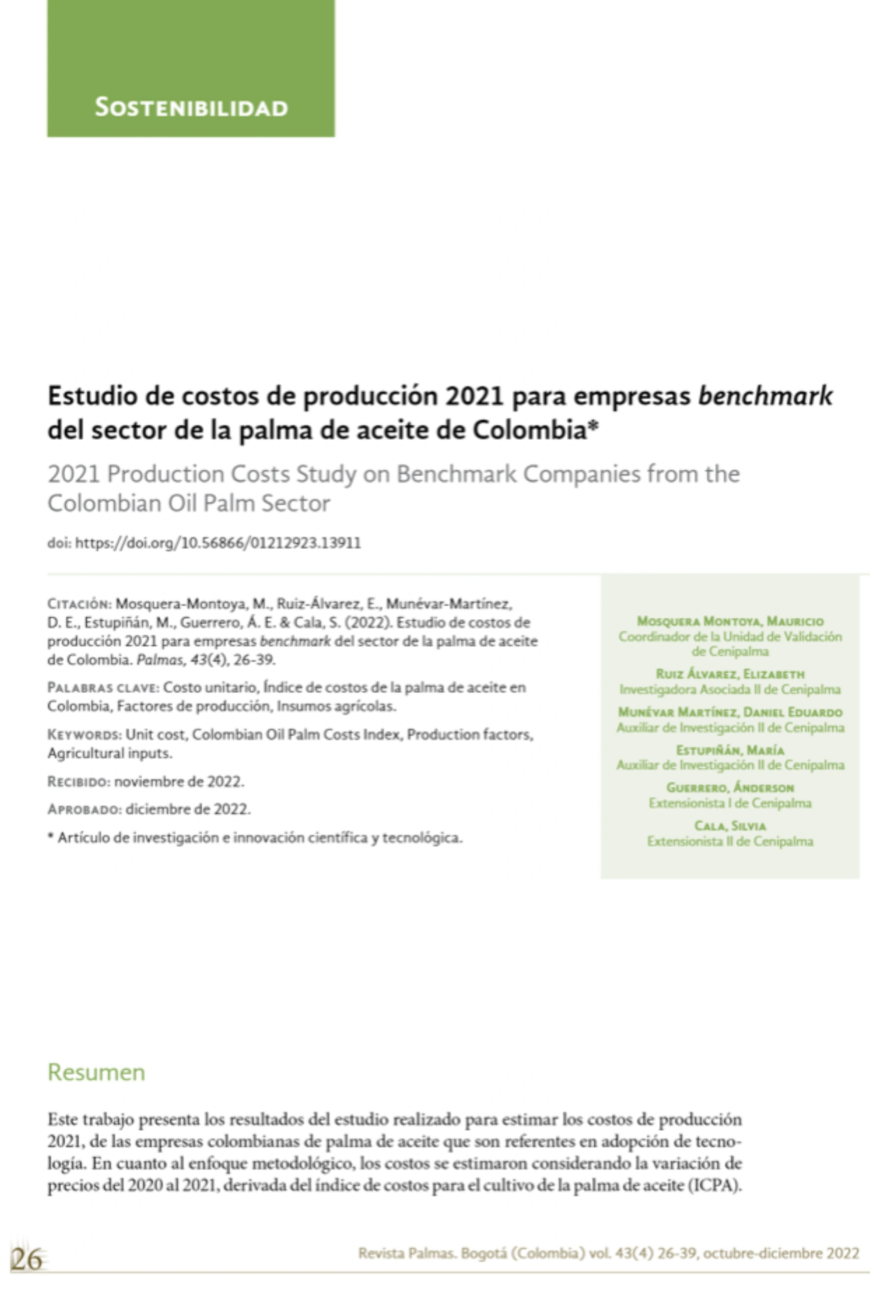 Portada del artículo 'Estudio de costos de producción 2021 para empresas benchmark del sector de la palma de aceite de Colombia.
