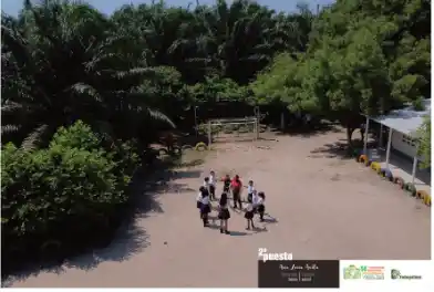 Vista aérea de un grupo de estudiantes y profesores en uniforme en un patio de tierra, rodeados de palmas y árboles.