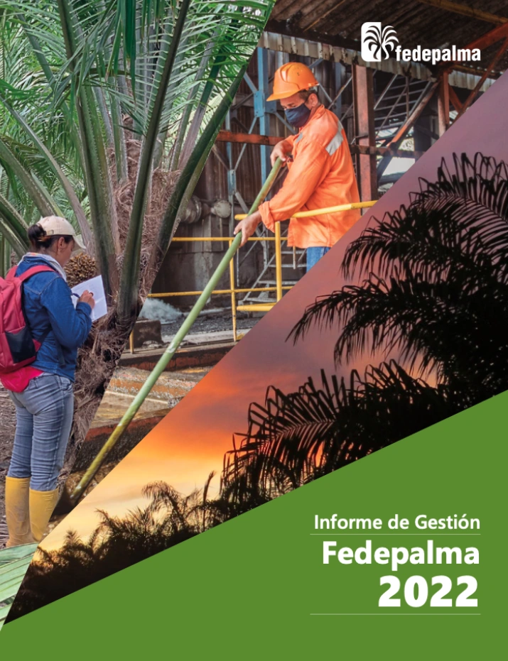 Informe de Gestión Fedepalma 2022: Muestra una inspectora en un cultivo y un trabajador en una planta procesadora.