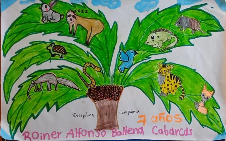 Dibujo infantil mostrando una palma de aceite con varios animales silvestres, como un perezoso, un armadillo, una tortuga y un jaguar.