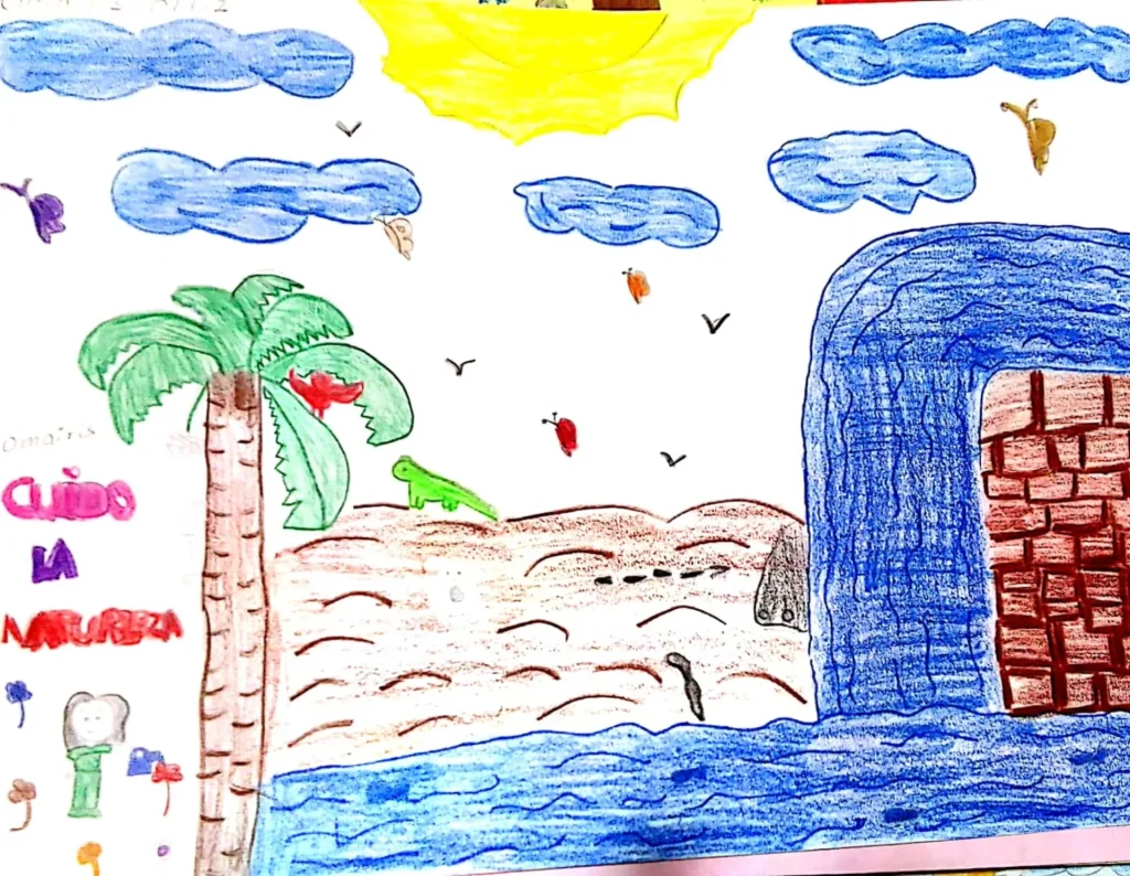 Dibujo infantil de un paisaje con una palmera, una cascada o muro de piedra azul, y animales, que lleva el mensaje "Cuido la naturaleza".