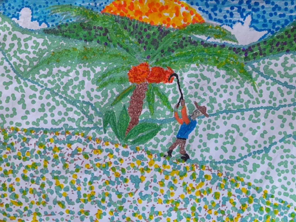 Pintura puntillista con un sol brillante y un trabajador con sombrero utilizando una herramienta curva para cosechar frutos de palma de aceite.