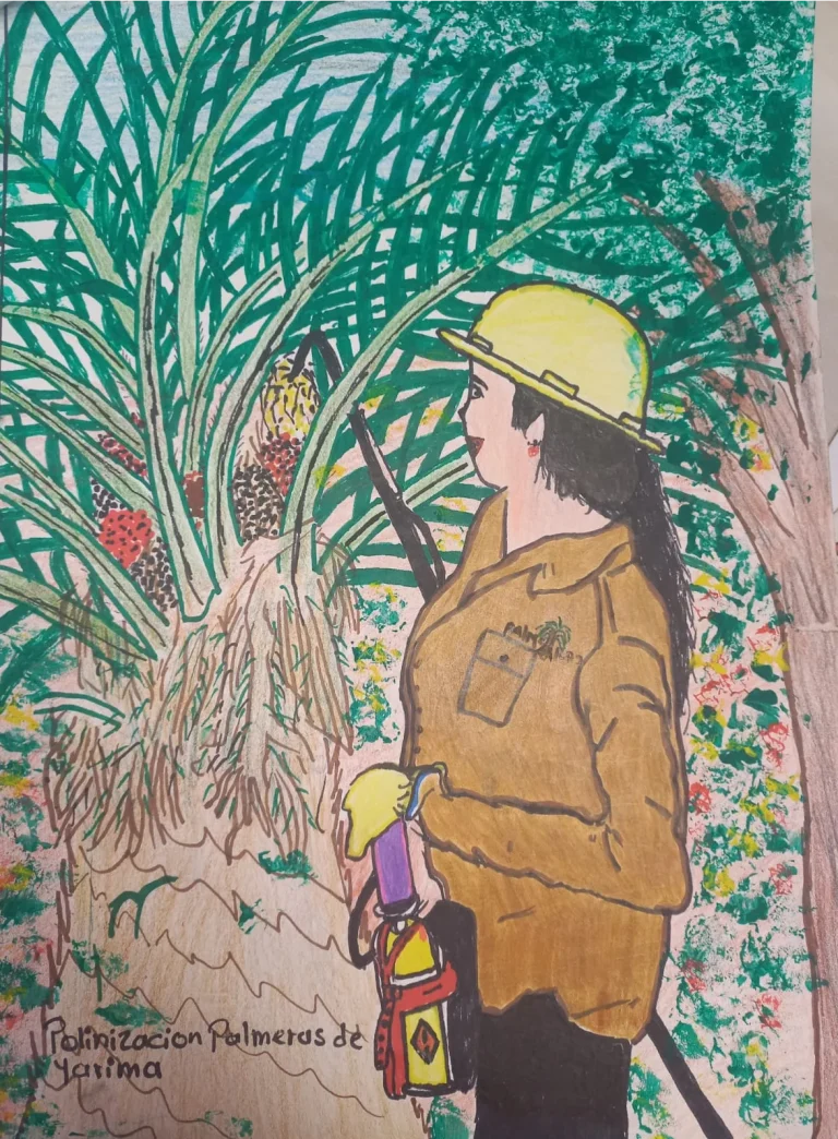 Dibujo de una mujer trabajadora en una plantación de palma de aceite, con casco, sosteniendo un equipo de polinización.