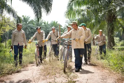 Trabajadores de palma de aceite con uniformes claros y sombreros, caminando y empujando sus bicicletas a lo largo de un camino de tierra
