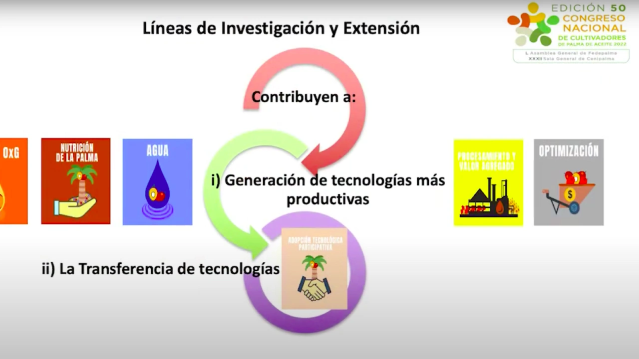 Diagrama de flujo de las Líneas de Investigación y Extensión que contribuyen a la Generación y Transferencia de tecnologías, con íconos de Nutrición, Agua, Procesamiento y Optimización.