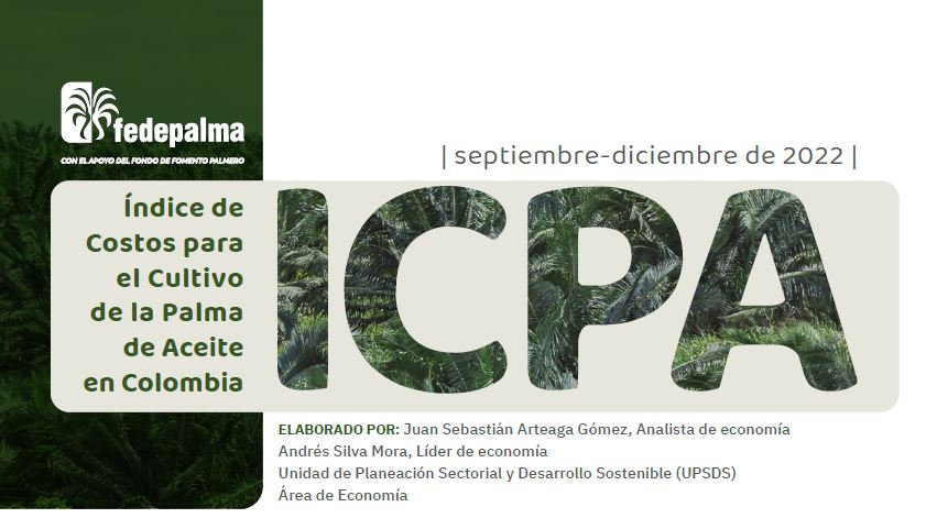 "Gráfico del Índice de Costos para el Cultivo de la Palma de Aceite (ICPA) en Colombia, septiembre-diciembre de 2022, con el logo de Fedepalma."