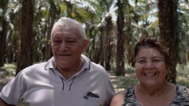Retrato de una pareja de agricultores de palma (hombre y mujer) sonriendo y posando en medio de una plantación.