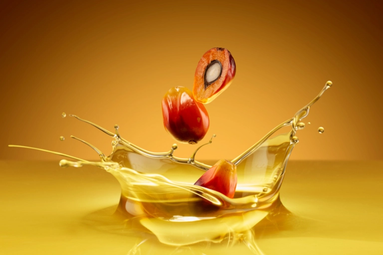Frutos de palma de aceite cayendo en aceite
