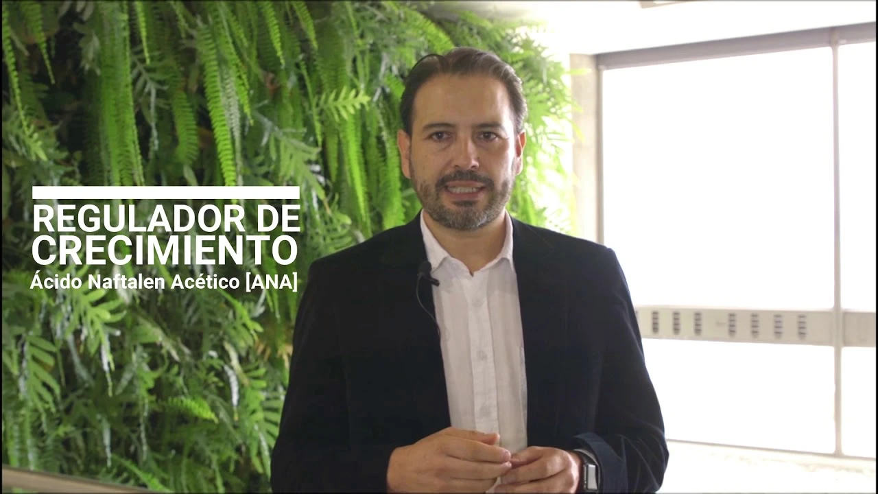 Hombre con barba y traje oscuro, hablando frente a una pared verde de plantas, con el texto "REGULADOR DE CRECIMIENTO Ácido Naftalen Acético [ANA]