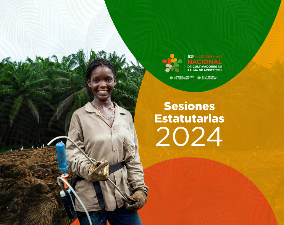 Mujer sonriente con guantes y equipo de trabajo, de pie frente a palmas y una pila de biomasa. El texto anuncia el "52° Congreso Nacional de Cultivadores de Palma de Aceite 2024"