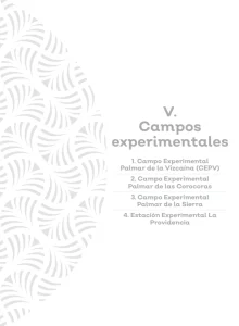 sección V. Campos experimentales detalla cuatro ubicaciones clave de investigación, incluyendo los Campos Experimentales Palmar de la Vizcaína (CEPV), Palmar de las Corocoras y Palmar de la Sierra, junto con la Estación Experimental La Providencia.