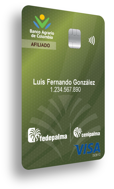 Tarjeta de débito VISA 'Afiliado' del Banco Agrario de Colombia, con los logos de Fedepalma y Cenipalma