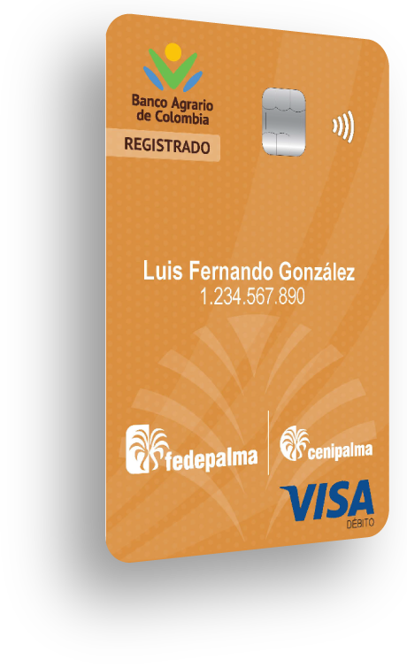 Tarjeta de débito VISA color naranja 'Registrado' del Banco Agrario de Colombia, con los logos de Fedepalma y Cenipalma.