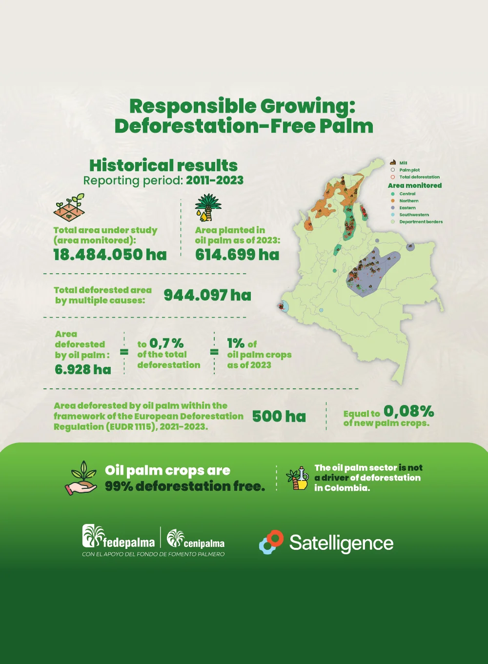 Infographic on 'Responsible Cultivation: Deforestation-Free Palm', showing historical results from 2011 to 2023, with figures for total study area, planted area, deforested area and a map of palm cultivation areas in Colombia.