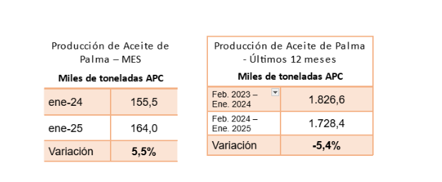 Tablas que comparan la producción de aceite de palma (miles de toneladas) mensual (Ene 2024 vs. Ene 2025: +5,5%) y la de los últimos 12 meses (-5,4%)."