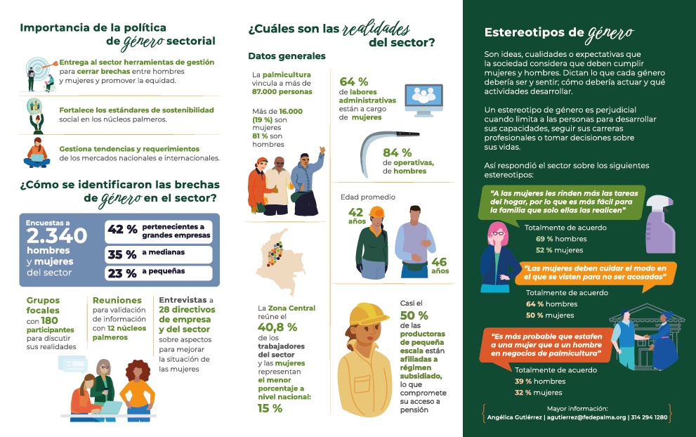Infografía sobre la 'Importancia de la política de género sectorial' y las 'realidades del sector' de la palma de aceite. Presenta datos generales sobre la participación de hombres y mujeres en labores operativas (84% hombres) y administrativas (64% mujeres), y discute tres estereotipos de género y el porcentaje de acuerdo.