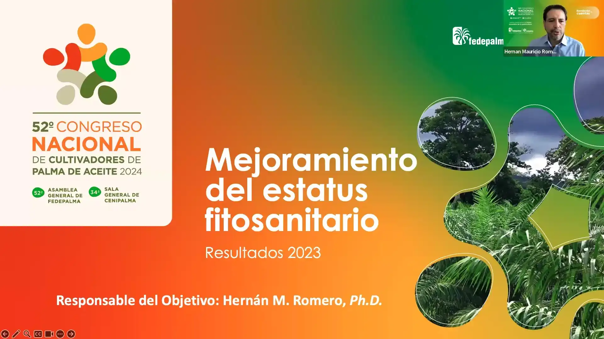 Diapositiva de presentación del "52° Congreso Nacional de Cultivadores de Palma de Aceite 2024" con el título "Mejoramiento del estatus fitosanitario - Resultados 2023".
