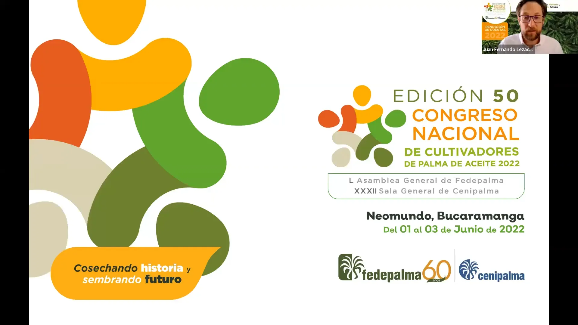 promocional de la Edición 50 del Congreso Nacional de Cultivadores de Palma de Aceite 2022, realizado en Neomundo, Bucaramanga, del 01 al 03 de Junio. Incluye el lema "Cosechando historia y sembrando futuro".