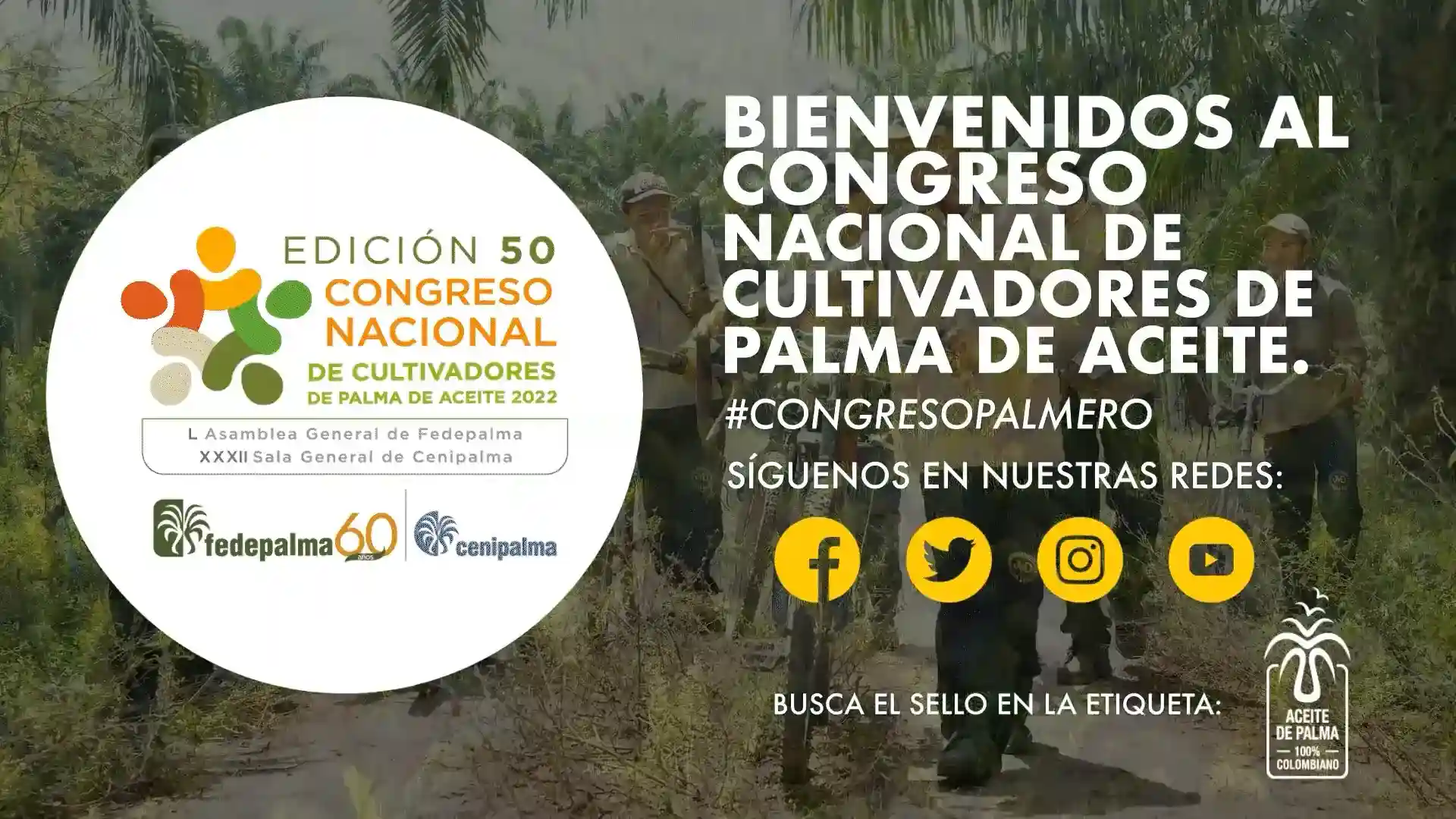 Cartel de bienvenida al "50 Congreso Nacional de Cultivadores de Palma de Aceite 2022" con el hashtag #CONGRESOPALMERO y logos de redes sociales