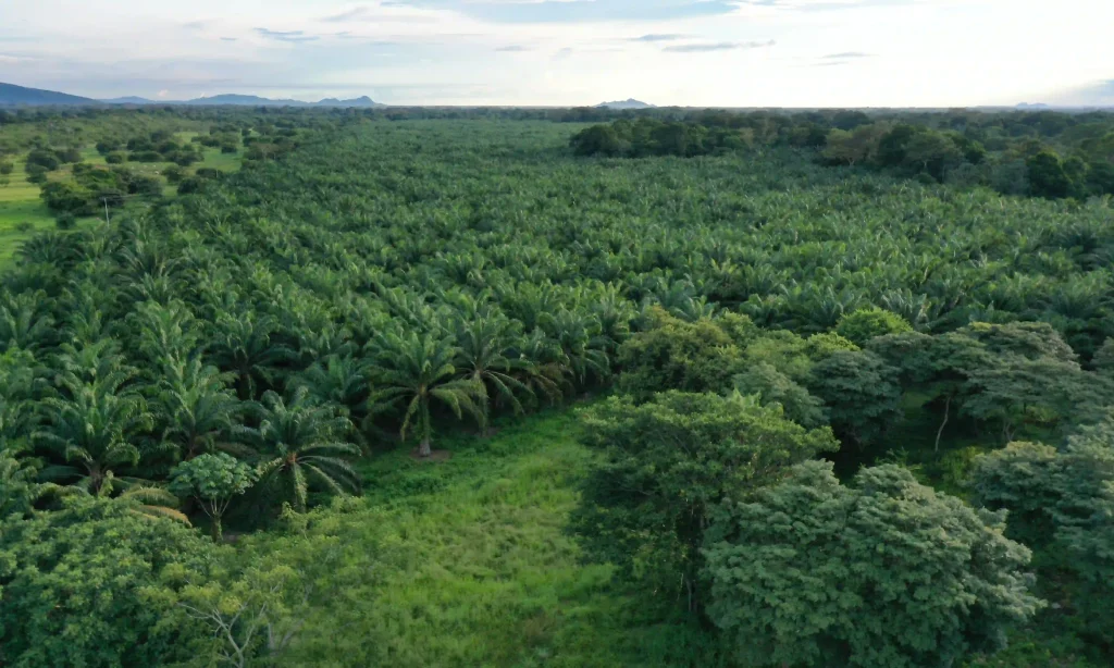 Vista aérea de un vasto paisaje dominado por un denso cultivo de palma de aceite