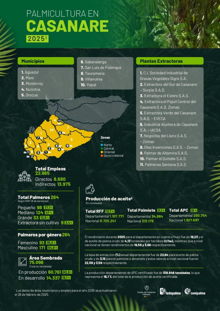Mapa del departamento de Casanare que muestra la distribución y principales datos sobre la producción de palma de aceite en la región, incluyendo áreas cultivadas, municipios productores y cifras representativas del sector palmicultor.
