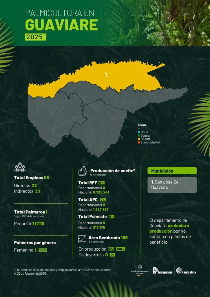 Mapa del departamento de Guaviare que muestra la distribución y principales datos sobre la producción de palma de aceite en la región, incluyendo áreas cultivadas, municipios productores y cifras representativas del sector palmicultor.
