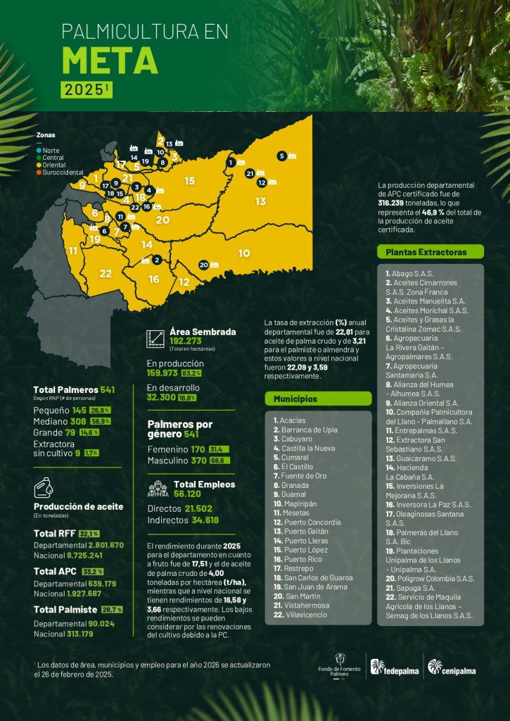 Mapa del departamento del Meta que muestra la distribución y principales datos sobre la producción de palma de aceite en la región, incluyendo áreas cultivadas, municipios productores y cifras representativas del sector palmicultor.
