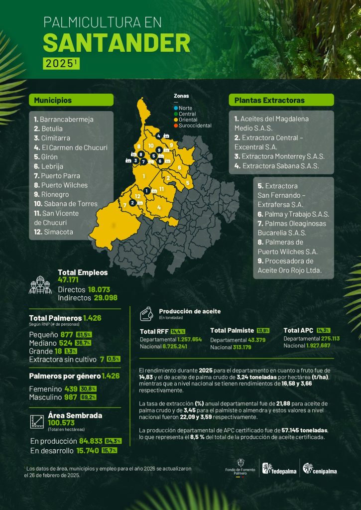 https://staging.fedepalma.org/wp-content/uploads/2025/10/AEDIT-BOLIVAR.pdf Mapa del departamento de Santander que muestra la distribución y principales datos sobre la producción de palma de aceite en la región, incluyendo áreas cultivadas, municipios productores y cifras representativas del sector palmicultor.